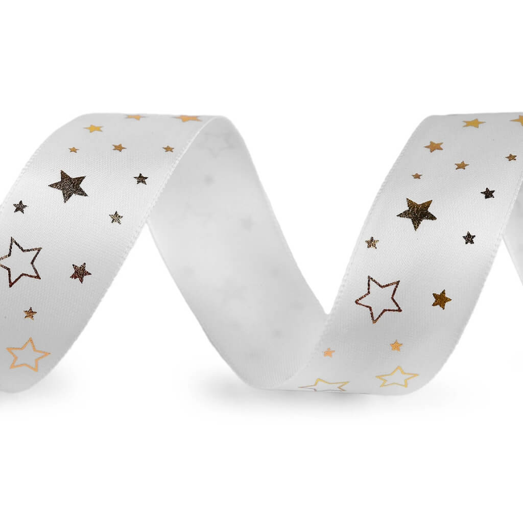 Vánoční saténová stuha hvězdy 25 mm – bílá / zlaté hvězdy